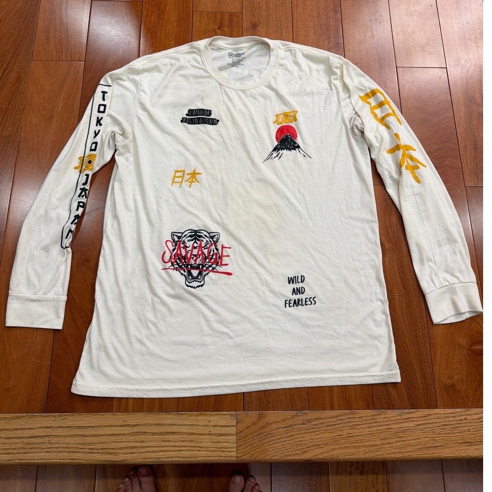 RGSTR Long Sleeve Shirt Mens Cream Mt Fuji Tiger Tokyo Japan Graphic XL